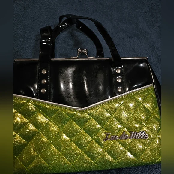 Lux de Ville Lime Green Sparkle Femma Fatale Kiss Lock Purse - Picture 4 of 14